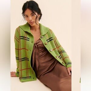 Anthropologie Callahan Bonnie Plaid Chunky Cardigan Sweater Sz L Green MSRP 178